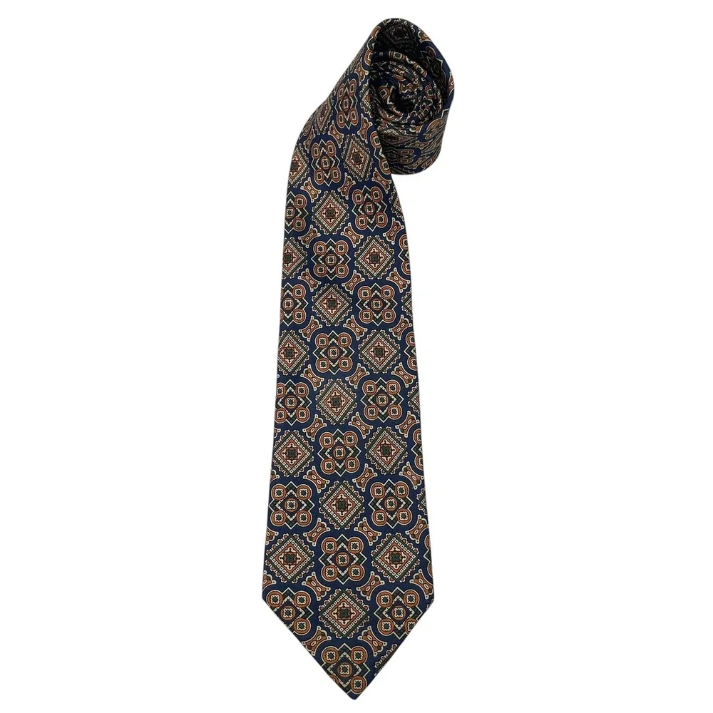 FENDI Cravatte Mens Silk Tie Navy Blue Orange Geometric Medallion Made in Italy‎